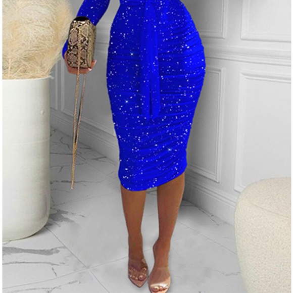 Multiple Royal Blue W/ Sparkle & Waist Tie Strapless 3/4 Sleeve Dress - Picture 2 of 2